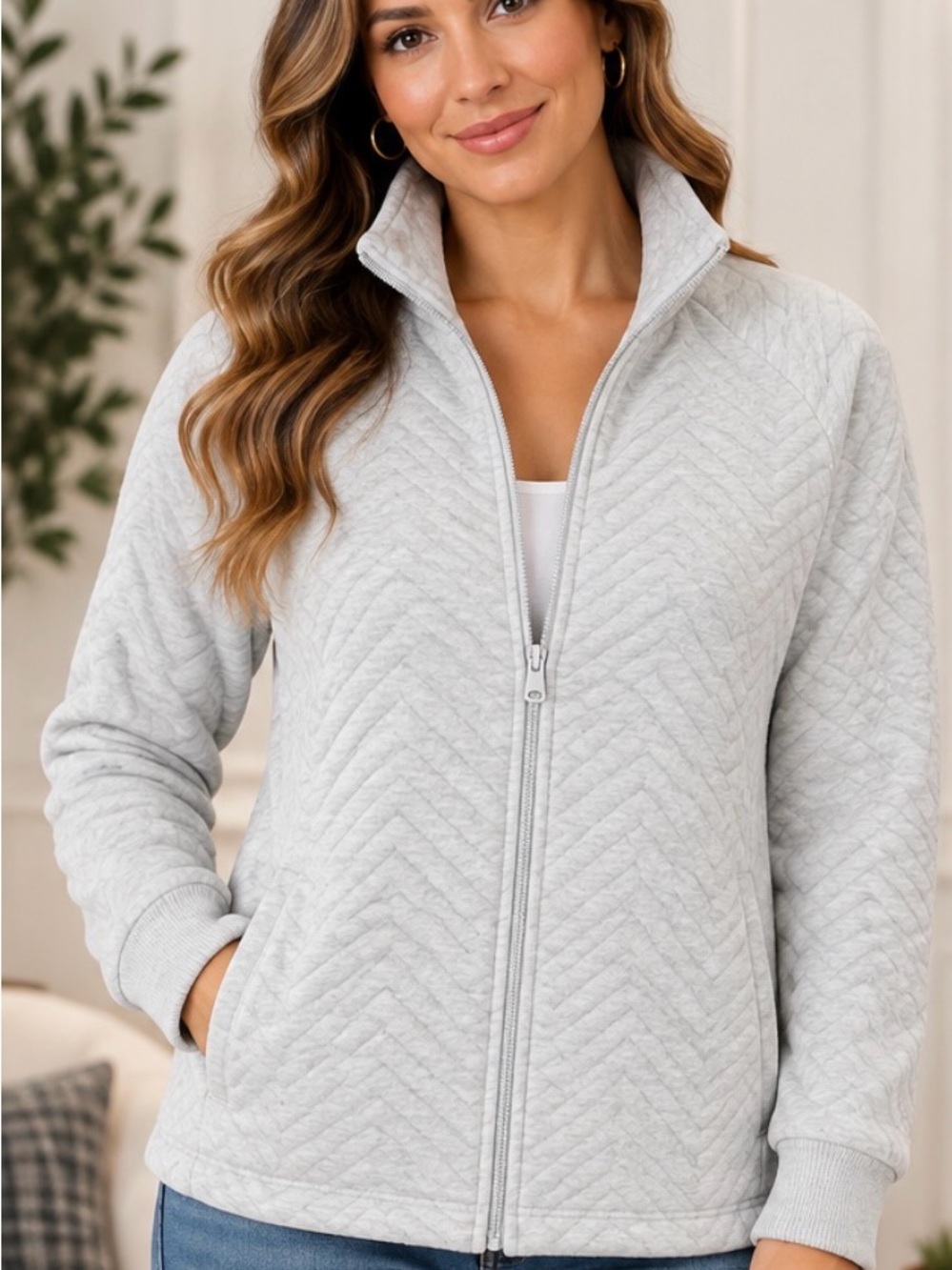 Lands' End Light Gray Quilted Full-Zip Jacket